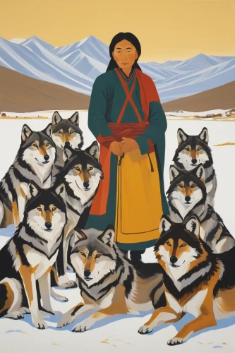 sled dog,tamaskan dog,utonagan,dog sled,indigenous painting,sled dog racing,wolves,nunatak,native american indian dog,sarplaninac,mushing,khuushuur,cool woodblock images,pocahontas,eskimo,amerindien,khokhloma painting,indigenous,howling wolf,the american indian,Conceptual Art,Oil color,Oil Color 13