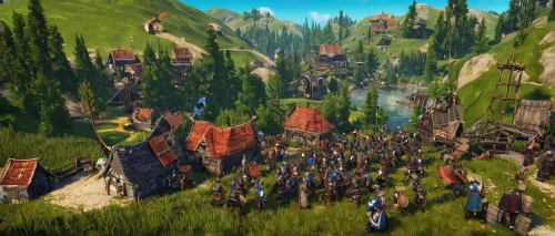 alpine village,mountain village,northrend,druid grove,scandia gnomes,mountain settlement,knight village,village festival,panorama from the top of grass,elves flight,aurora village,medieval market,escher village,green valley,tileable,mountain world,massively multiplayer online role-playing game,witcher,building valley,oktoberfest background,Illustration,Realistic Fantasy,Realistic Fantasy 07