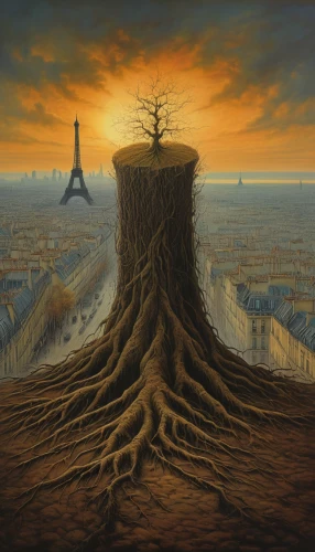the roots of trees,surrealism,tree of life,lone tree,surrealistic,champ de mars,universal exhibition of paris,deforested,tree thoughtless,tower of babel,tree and roots,desertification,parallel worlds,isolated tree,rooted,of trees,magic tree,environmental destruction,parallel world,post-apocalyptic landscape,Photography,General,Natural