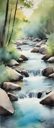 flowing creek,brook landscape,river landscape,mountain stream,watercolor background,mountain river,streams,a small waterfall,a river,clear stream,water color,flowing water,watercolor painting,rushing water,aura river,mountain spring,watercolor,water flowing,rapids,water colors,Illustration,Paper based,Paper Based 25