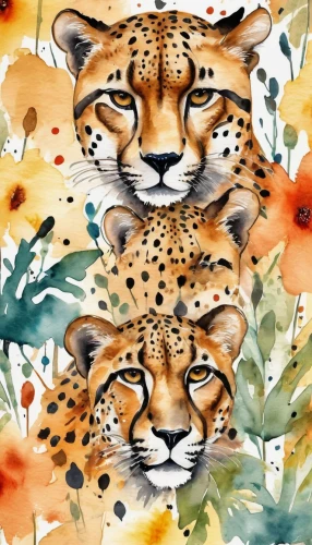 cheetahs,tigers,seamless pattern,serengeti,safari,felidae,jaguar,tropical animals,panthera leo,leopard,a tiger,fauna,tiger png,big cats,tiger,watercolor background,endangered,animal stickers,animalia,cheetah,Illustration,Paper based,Paper Based 24