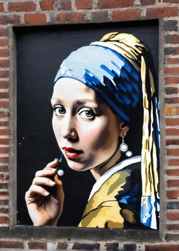 girl with a pearl earring,woman with ice-cream,woman holding pie,girl with bread-and-butter,woman eating apple,amsterdam,cigarette girl,girl-in-pop-art,headscarf,flemish,pop art girl,smoking girl,woman pointing,street artist,streetart,girl with a wheel,lady pointing,blonde woman,pop art woman,girl in a historic way,Conceptual Art,Fantasy,Fantasy 29