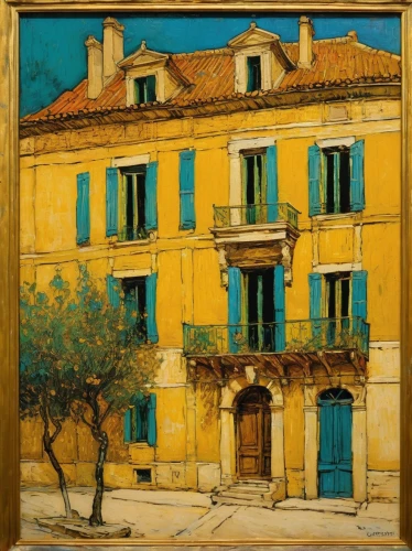 arles,aix-en-provence,italian painter,provence,provencal life,partiture,gold stucco frame,french windows,piazza san marc,l'isle-sur-la-sorgue,grand bleu de gascogne,facade painting,sicily window,framing square,street scene,siracusa,apulia,vintage art,south france,tuscan,Illustration,Paper based,Paper Based 12