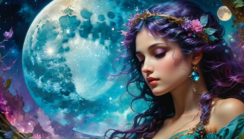 fantasy picture,fantasy art,blue moon rose,faerie,blue enchantress,purple moon,faery,moonflower,moonbeam,the enchantress,fantasy portrait,fairy queen,moon phase,zodiac sign libra,horoscope libra,blue moon,fantasy woman,mermaid background,sorceress,moonlit,Conceptual Art,Fantasy,Fantasy 05