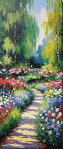 flower garden,flower painting,tulip festival,spring garden,gardens,field of flowers,giverny,floral border,english garden,flower field,springtime background,flowers field,cottage garden,splendor of flowers,pathway,blanket of flowers,towards the garden,meadow in pastel,oil painting on canvas,arboretum,Illustration,Paper based,Paper Based 20