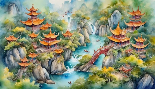 fairy village,cartoon forest,hanging temple,chinese temple,khokhloma painting,tigers nest,nước chấm,watercolor background,cơm tấm,bánh da lợn,guizhou,water palace,wuyi,chạo tôm,mekong,mushroom landscape,fairy forest,water lotus,chả lụa,mì quảng,Illustration,Paper based,Paper Based 24