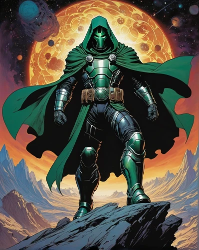 doctor doom,patrol,cleanup,green lantern,hooded man,aaa,emperor of space,argus,iron mask hero,nebula guardian,cowl vulture,loki,poblano,greed,wall,magneto-optical disk,karnak,aquaman,malachite,magus,Conceptual Art,Fantasy,Fantasy 08