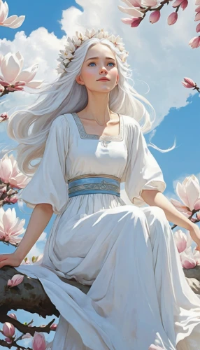 japanese sakura background,fantasy picture,white rose snow queen,little girl in wind,virgo,heroic fantasy,the cherry blossoms,world digital painting,spring equinox,fantasy portrait,the prophet mary,spring background,jessamine,fantasy art,spring unicorn,blossoming apple tree,biblical narrative characters,springtime background,white lady,magnolia,Illustration,Japanese style,Japanese Style 14