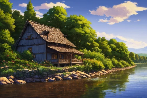 house with lake,house by the water,fisherman's house,summer cottage,wooden house,cottage,home landscape,boathouse,thatched cottage,log home,little house,traditional house,landscape background,boat house,lonely house,house in the forest,wooden houses,small house,beautiful home,house in mountains,Conceptual Art,Daily,Daily 02