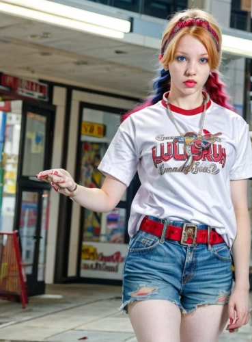 anime japanese clothing,harley quinn,cosplay image,retro woman,cigarette girl,harley,retro women,girl in t-shirt,retro girl,cosplayer,plus-size model,street fashion,hula hoop,isolated t-shirt,liberty cotton,raggedy ann,tshirt,cosplay,vintage clothing,punk