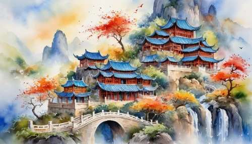 shanghai disney,chinese art,fairy tale castle,chinese architecture,chinese temple,fantasy landscape,oriental painting,chinese background,watercolor background,guizhou,forbidden palace,zhangjiajie,fairytale castle,wuyi,fairy village,dragon palace hotel,fantasy world,guilin,chinese clouds,asian architecture,Illustration,Paper based,Paper Based 24
