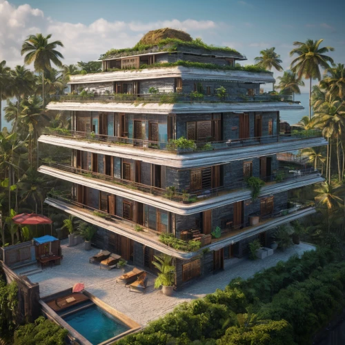 tropical house,eco hotel,uluwatu,eco-construction,seminyak,bali,dunes house,3d rendering,holiday villa,luxury property,tropical greens,floating island,terraces,the palm,tropical island,luxury real estate,roof landscape,residential tower,ubud,garden elevation,Photography,General,Sci-Fi