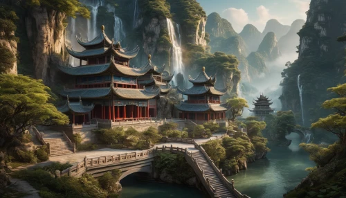 chinese architecture,chinese temple,asian architecture,forbidden palace,fantasy landscape,summer palace,tigers nest,water palace,hall of supreme harmony,chinese art,yunnan,guilin,wuyi,dragon bridge,ancient city,chinese background,zhangjiajie,hanging temple,guizhou,huashan