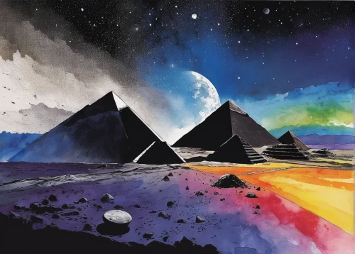 pyramids,exo-earth,phase of the moon,lunar landscape,scene cosmic,valley of the moon,temples,triangles background,prism,light spectrum,spectrum,pyramid,megaliths,giza,planets,space art,exoplanet,moonscape,meteoroid,psychedelic art,Illustration,Paper based,Paper Based 07