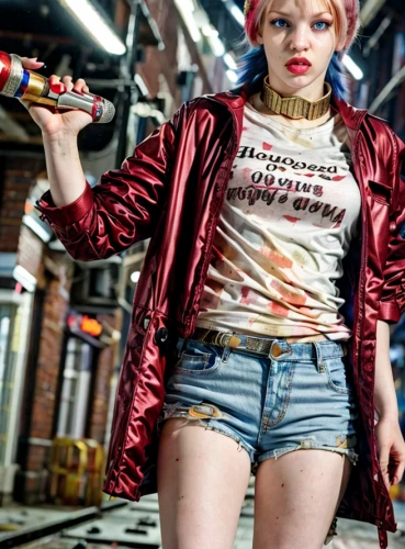 harley quinn,streampunk,harley,cigarette girl,vintage clothing,punk,bad girl,girl in t-shirt,punk design,girl with gun,tattoo girl,girl smoke cigarette,t-shirt printing,fashion shoot,smoking girl,digital compositing,female model,hard candy,mary jane,cosplay image