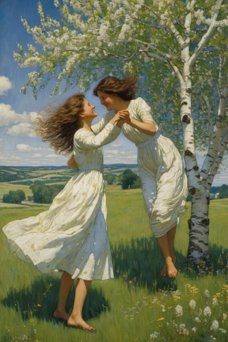 spring morning,idyll,in the spring,bouguereau,bougereau,springtime,springtime background,spring,meadow play,falling flowers,picking flowers,young women,in the early summer,girl picking flowers,spring awakening,meadows,throwing leaves,two girls,young couple,flying dandelions,Illustration,Retro,Retro 01