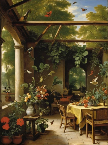 the garden society of gothenburg,still life of spring,conservatory,robert duncanson,pergola,cottage garden,flower shop,aviary,home landscape,robins in a winter garden,dandelion hall,orangery,greenhouse,dining room,veranda,breakfast room,flower booth,the kitchen,patio,tearoom,Art,Classical Oil Painting,Classical Oil Painting 37