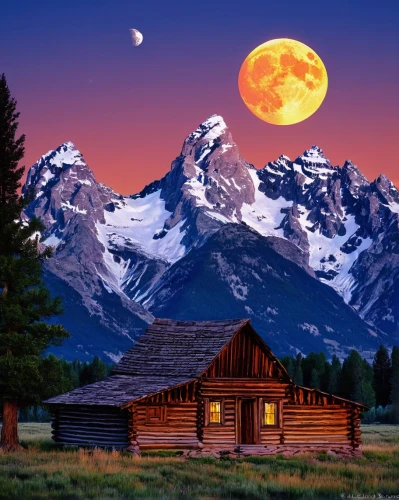 the cabin in the mountains,log cabin,log home,grand teton,mountain scene,landscape background,grand tetons,mountain landscape,mountain peak,home landscape,mountain huts,mountain hut,house in mountains,beautiful landscape,landscapes beautiful,house in the mountains,moonrise,mountain settlement,teton,mountain station,Illustration,Black and White,Black and White 22