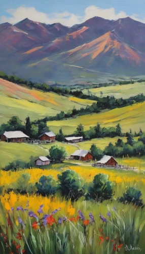 salt meadow landscape,rural landscape,meadow in pastel,khokhloma painting,farm landscape,home landscape,meadow landscape,carol colman,mountain meadow,landscape,yellow mountains,klyuchevskaya sopka,john day,panoramic landscape,grasslands,yellow grass,khakassia,capulin volcano,mountain valley,mountain scene,Illustration,American Style,American Style 08