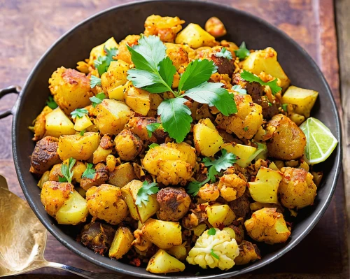 chana masala,potatoes with vegetables,home fries,roasted potatoes,ukrainian dill potatoes,potatoes with pumpkin,fried potatoes,batata harra,tandoori masala,rosemary potatoes,masala,patatas bravas,country potatoes,lyonnaise potatoes,sri lankan cuisine,batata vada,punjabi cuisine,gnocchi,indian cuisine,fried cauliflower,Illustration,Paper based,Paper Based 07