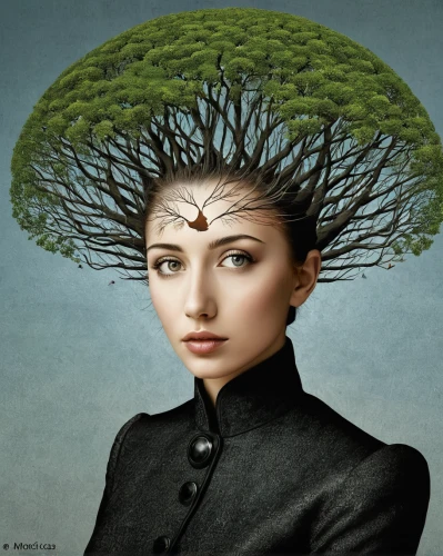 tree crown,girl with tree,artificial hair integrations,dryad,tree thoughtless,woman thinking,fractals art,image manipulation,surrealism,tree mushroom,surrealistic,mother nature,rooted,photoshop manipulation,conceptual photography,seed-head,photo manipulation,branching,photomanipulation,headpiece,Illustration,Abstract Fantasy,Abstract Fantasy 02