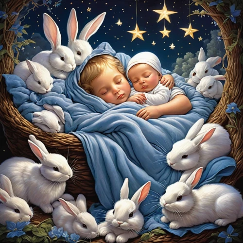 rabbit family,bunnies,rabbits and hares,rabbits,easter rabbits,peter rabbit,little angels,white bunny,nativity,hares,children's background,nursery decoration,baby bunny,little bunny,little rabbit,baby rabbit,children's fairy tale,blessing of children,easter card,baby room,Illustration,American Style,American Style 07