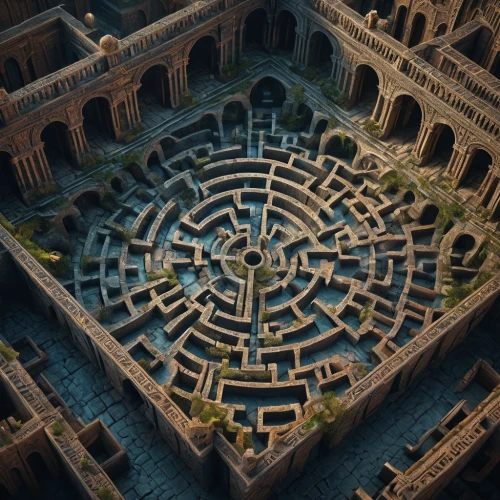 ancient city,maze,labyrinth,ancient roman architecture,ancient buildings,portcullis,the ancient world,circular puzzle,yantra,roman ruins,ancient,panopticon,trajan's forum,the center of symmetry,roman excavation,mausoleum ruins,pantheon,manhole,terracotta,ruins,Photography,General,Fantasy