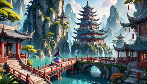 water palace,chinese temple,fantasy landscape,asian architecture,ancient city,dragon bridge,summer palace,chinese architecture,lagoon,forbidden palace,fishing village,oriental,hanging temple,fantasy city,bird kingdom,imperial shores,world digital painting,chinese background,resort town,artificial island,Anime,Anime,General