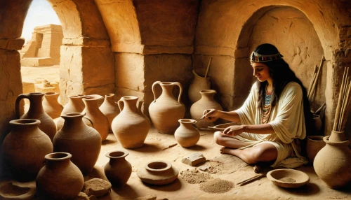 pottery,amphora,clay jugs,handicrafts,ancient singing bowls,clay pot,morocco lanterns,earthenware,woman at the well,anasazi,neolithic,vases,qasr azraq,woman drinking coffee,bedouin,souk,pots,urns,candlemaker,stoneware,Illustration,Realistic Fantasy,Realistic Fantasy 14