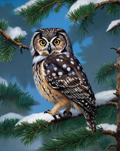 christmas owl,siberian owl,lapland owl,owl art,little owl,spotted wood owl,owl nature,kirtland's owl,spotted-brown wood owl,owl pattern,owl background,owlet,snow owl,sparrow owl,eurasian pygmy owl,brown owl,northern hawk-owl,owl,small owl,northern hawk owl,Art,Classical Oil Painting,Classical Oil Painting 42