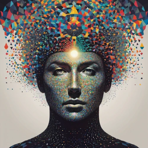 head woman,psychedelic art,mind-body,cognitive psychology,woman thinking,mind,self hypnosis,consciousness,multicolor faces,prismatic,virtual identity,meridians,image manipulation,computational thinking,brain icon,human head,exploding head,fractalius,brainy,smart album machine,Illustration,Realistic Fantasy,Realistic Fantasy 36