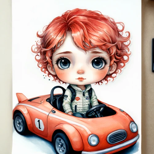 car drawing,mini cooper,girl and car,girl in car,copic,painter doll,mini suv,small car,cartoon car,redhead doll,clementine,kids illustration,woman in the car,drive,cute cartoon character,watercolor pin up,watercolor painting,tin car,cinquecento,toy car