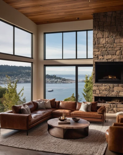 fire place,mid century modern,modern living room,contemporary decor,fireplaces,interior modern design,luxury home interior,wooden windows,family room,house by the water,modern decor,pebble beach,mid century house,wood window,fireplace,living room,living room modern tv,beautiful home,livingroom,ocean view,Photography,General,Commercial