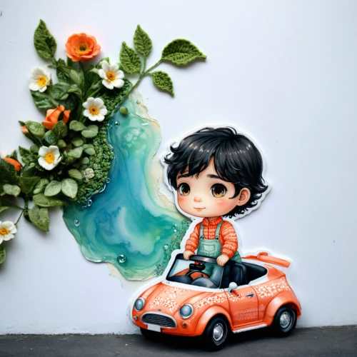 flower car,girl and car,wedding car,orange floral paper,flower decoration,bridal car,girl in flowers,paper flower background,girl in a wreath,orange blossom,blooming wreath,planted car,cartoon car,flower painting,flower background,cartoon flowers,flower cart,small car,toy car,floral background