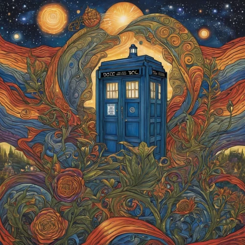 tardis,dr who,doctor who,sci fiction illustration,time traveler,doctor bags,time travel,the doctor,doctor's room,time machine,space art,flow of time,the door,regeneration,trip computer,time spiral,astral traveler,the universe,blue door,tapestry,Illustration,Realistic Fantasy,Realistic Fantasy 41