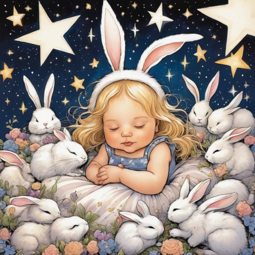 baby stars,little bunny,little rabbit,white bunny,rabbit family,rabbits and hares,white rabbit,children's background,children's fairy tale,dream world,bunnies,kids illustration,easter background,rabbits,fairy galaxy,bunny,little angels,the stars,easter theme,peter rabbit,Illustration,American Style,American Style 06