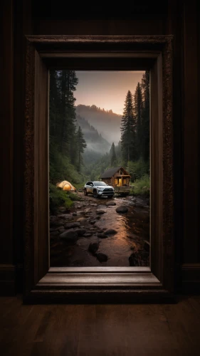 the cabin in the mountains,wood window,house in mountains,travel trailer poster,camper van isolated,house in the mountains,wood frame,wood mirror,house trailer,home landscape,landscape background,framed,house in the forest,wooden frame,window released,digital compositing,window to the world,photo manipulation,cabin,window view