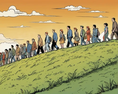 seven citizens of the country,human chain,economic refugees,migration,migrants,pilgrims,the pied piper of hamelin,animal migration,prospects for the future,the walking dead,populations,farm workers,marching,farmer protest,pied piper,straw hats,refugees,walking dead,crowd of people,people walking,Illustration,American Style,American Style 13