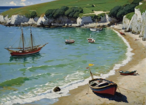 dorset,swanage bay,swanage,durdle door,white cliffs,chalk cliff,cliffs of etretat,cliffs etretat,etretat,sussex,english channel,gower,beach landscape,dover,george russell,cliff coast,coastal landscape,fishing boats,small boats on sea,cove,Illustration,Realistic Fantasy,Realistic Fantasy 19