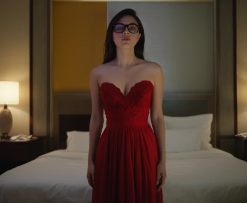 man in red dress,girl in red dress,in red dress,red gown,lady in red,red dress,nightgown,the girl in nightie,silk red,girl in bed,a girl in a dress,red,girl in a long dress,with glasses,strapless dress,red tunic,cocktail dress,red double,red cape,woman on bed