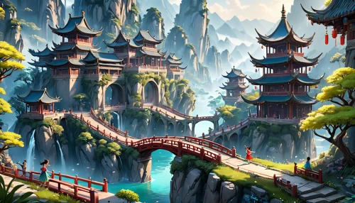 dragon bridge,fantasy landscape,chinese temple,tigers nest,chinese architecture,bird kingdom,summer palace,cartoon video game background,asian architecture,forbidden palace,water palace,hanging temple,hall of supreme harmony,ancient city,world digital painting,chinese background,fantasy city,yunnan,fantasy world,wuyi,Anime,Anime,General