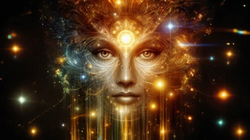 apophysis,divine healing energy,shamanic,aura,astral traveler,inner light,priestess,sorceress,consciousness,the enchantress,mysticism,inner space,shamanism,mystical portrait of a girl,divination,crown chakra,transcendence,fractalius,metaphysical,star mother