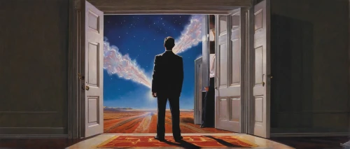 standing man,the threshold of the house,surrealism,silhouette of man,threshold,tall man,elongated,walking man,bellboy,man silhouette,the illusion,open door,distant vision,surrealistic,to be alone,elongate,the door,dali,conductor,house silhouette,Conceptual Art,Fantasy,Fantasy 20