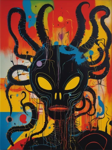 hellboy,psychedelic art,graffiti art,abstract cartoon art,gorgon,god shiva,kokopelli,medusa,cool pop art,keith haring,chaos theory,shiva,devil,hallucinogenic,tentacles,art book,buddhist hell,zodiac,extraterrestrial,psychedelic,Art,Artistic Painting,Artistic Painting 51