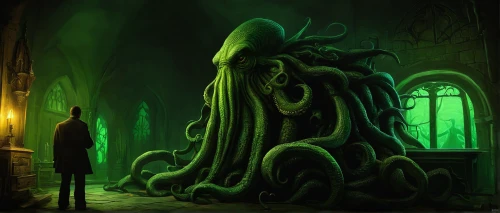 kraken,tentacles,tentacle,three-lobed slime,apiarium,patrol,octobass,giant squid,calamari,sci fiction illustration,haunted cathedral,cephalopod,polyp,medusa gorgon,cuthulu,ghost castle,deep sea,hall of the fallen,concept art,slimy,Art,Artistic Painting,Artistic Painting 29