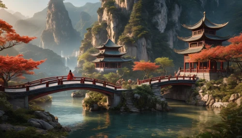 chinese temple,chinese architecture,dragon bridge,asian architecture,tigers nest,fantasy landscape,chinese art,yunnan,forbidden palace,scenic bridge,oriental,oriental painting,guilin,japan landscape,chinese background,hall of supreme harmony,hanging temple,mountainous landscape,landscape background,river landscape