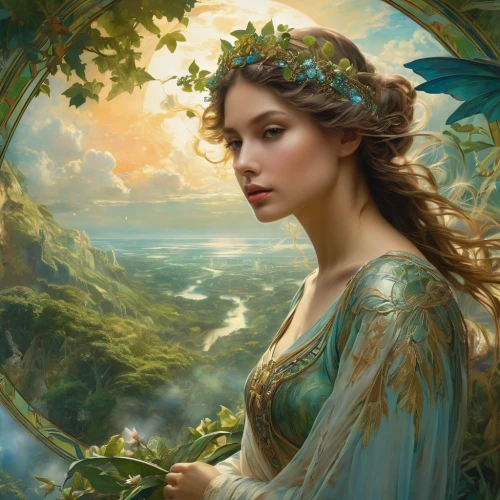 faery,faerie,fantasy portrait,fantasy art,mystical portrait of a girl,emile vernon,fairy queen,dryad,fantasy picture,the enchantress,romantic portrait,enchanting,rusalka,fae,girl in a wreath,jessamine,fairies aloft,mother earth,flora,enchanted,Conceptual Art,Fantasy,Fantasy 05