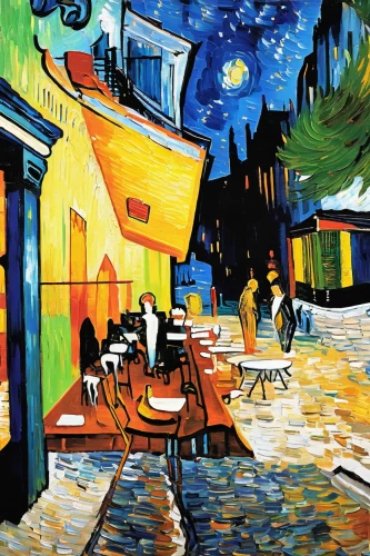 vincent van gough,night scene,vincent van gogh,post impressionism,braque francais,braque saint-germain,street scene,montmartre,bistro,paris cafe,italian painter,bistrot,street cafe,braque d'auvergne,motif,david bates,post impressionist,gondolier,gondolas,braque du bourbonnais,Conceptual Art,Oil color,Oil Color 20