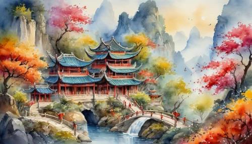 chinese temple,chinese art,watercolor background,forbidden palace,chinese architecture,oriental painting,chinese background,guilin,huashan,wuyi,asian architecture,fantasy landscape,zhangjiajie,oriental,summer palace,autumn landscape,watercolor tea shop,chinese clouds,world digital painting,chinese style,Illustration,Paper based,Paper Based 24