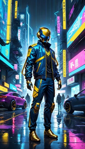 cyberpunk,electro,scifi,cyber,sci fiction illustration,futuristic,pedestrian,rain suit,sci-fi,sci - fi,game illustration,game art,nova,sci fi,kryptarum-the bumble bee,patrols,80s,yellow jacket,merc,neon arrows,Anime,Anime,General